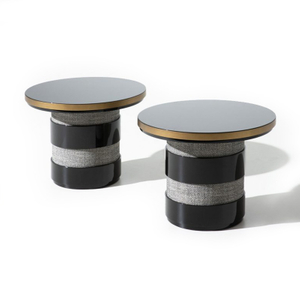 CoTa-0011, Italian cylindrical side table, combinations which marry natural woods or gloss lacquers with bronze and fabric
